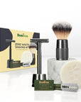 Bambaw Zero waste shaving kit with brush, razor, soap, and packaging on a white background