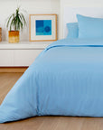 Blue bedding set on a bed in a room with a plant and artwork on a shelf.