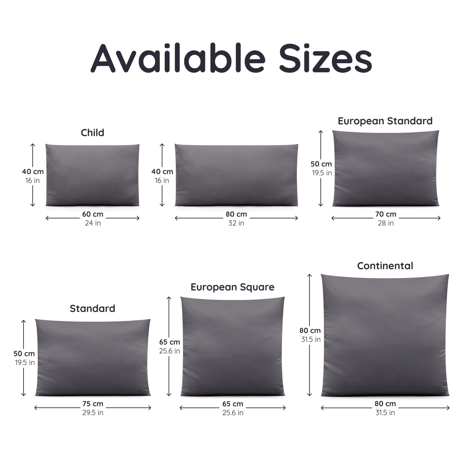 Illustration of bambaw cozy's different bamboo pillowcase sizes with dimensions in cm and in inches