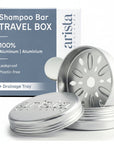 Arista shampoo bar travel box with metal containers and drainage tray on a white background