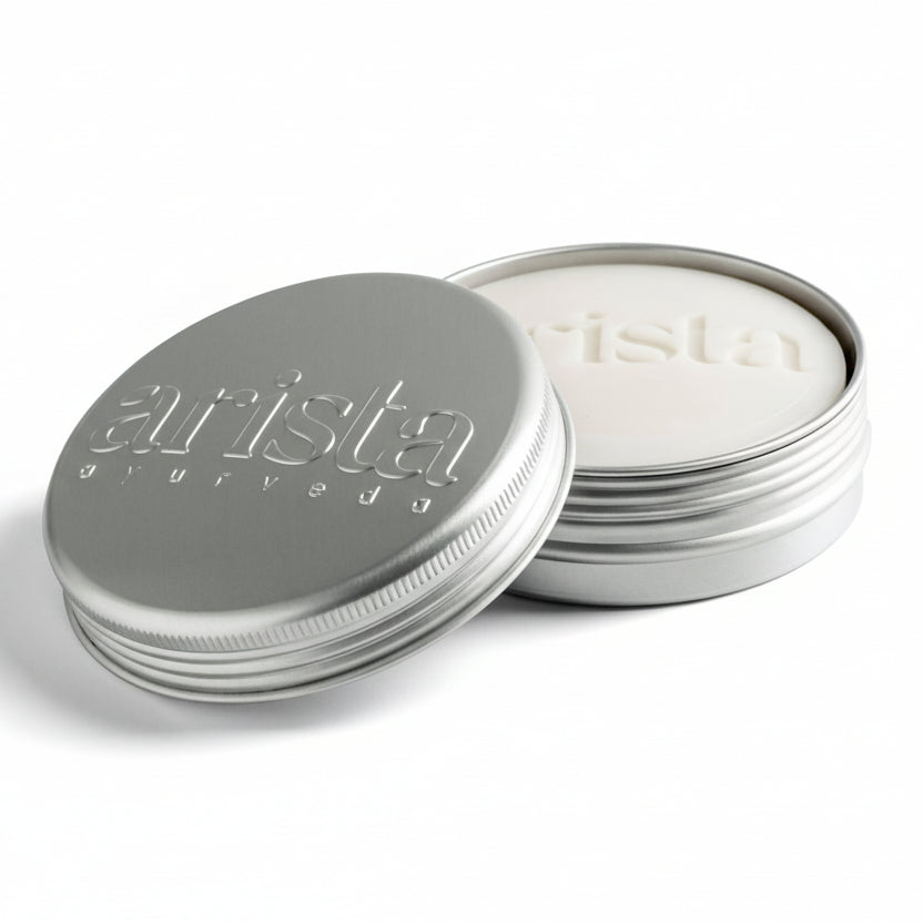 Arista Ayurveda shampoo holder tin box on a white background