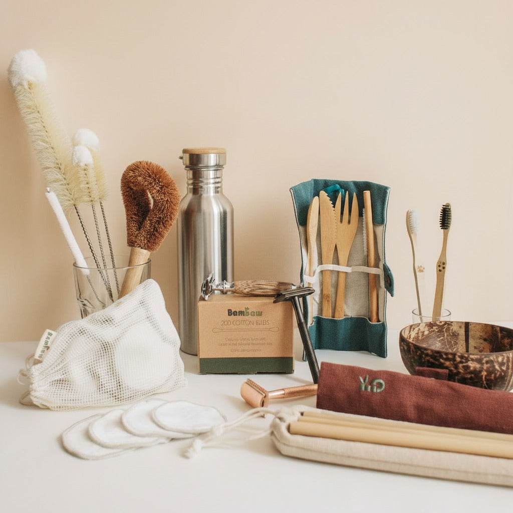 A styled flat-lay of reusable bamboo utensils and eco-friendly cleaning tools on a light beige background. The Bambaw kitchen selection includes a stainless steel water bottle, a bamboo fork and spoon in a teal fabric holder, bamboo toothbrushes, cotton pads, a mesh laundry bag, a brown scrubber, and other natural materials.