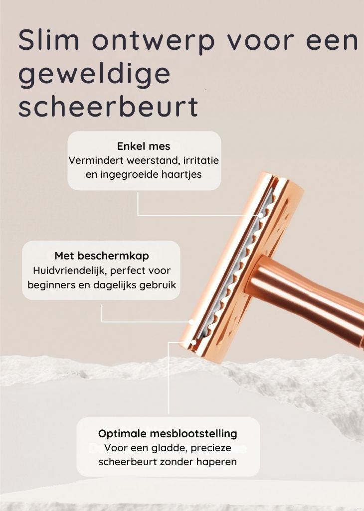 bambaw Rose gold safety razor with text in Dutch on a beige background