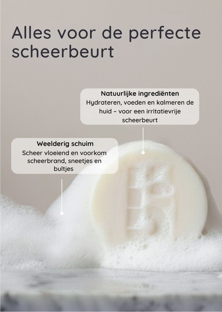Bambaw Shaving Bar of soap with foam on a gray background, featuring text about natural ingredients and shaving benefits.