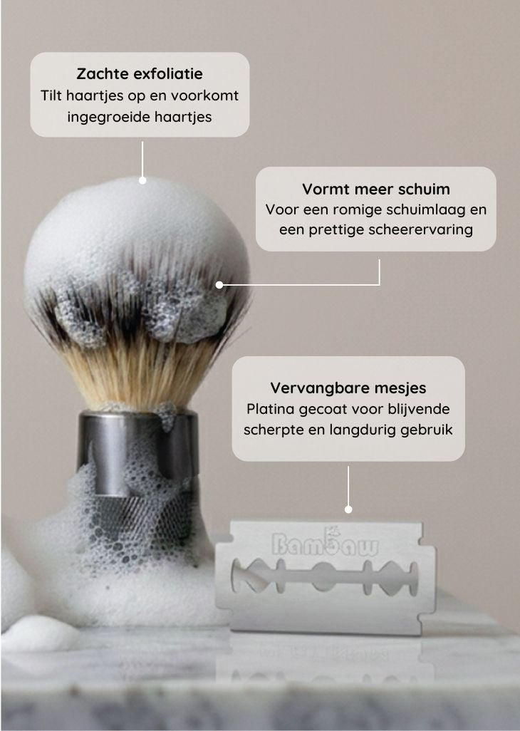 Bambaw Shaving brush with foam and a razor blade on a marble surface, with text in Dutch about shaving benefits.